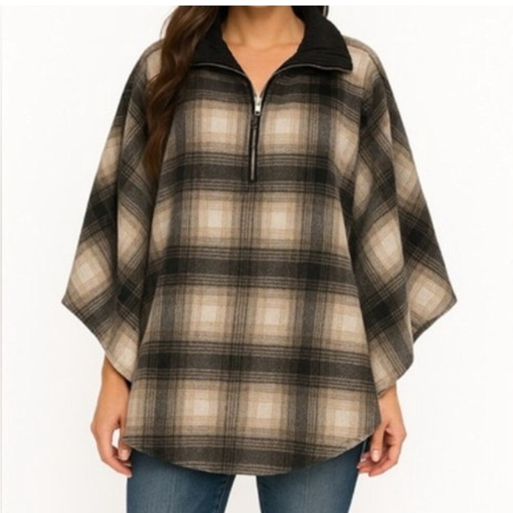 BLANK NYC Revolve Tan Plaid Faux Leather Collar Poncho Cape Women's One Size
